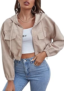 Photo 1 of MakeMeChic Women's Zip Up Dual Pocket Long Sleeve Drawstring Hoodie Corduroy Jacket- L
