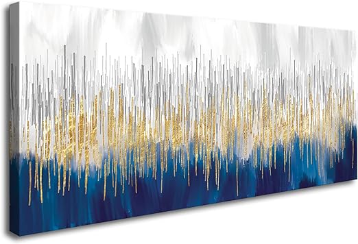 Photo 1 of ***MINOR DAMAGE READ NOTES***FC3175 Abstract Wall Art Gold and Blue Canvas painting Artwork 24inx48