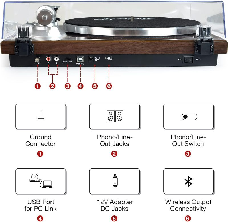 Photo 5 of 1 by ONE High Fidelity Belt Drive Turntable with Built-in Speakers, Vinyl Record Player with Magnetic Cartridge, Bluetooth Playback and Aux-in Functionality, Auto Off