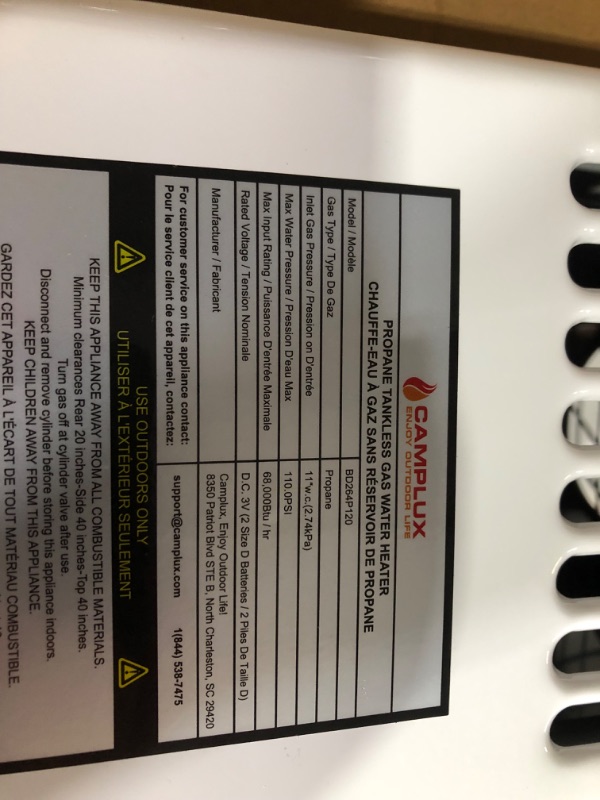 Photo 1 of ***USED - MAJOR DAMAGE - SEE COMMENTS***
Tankless Water Heater, Camplux 2.64 GPM Outdoor Propane Water Heater, Gas Water Heater with 3.3 GPM Water Pump & Pipe Strainer for Camping, Cabins 10L with pump kit