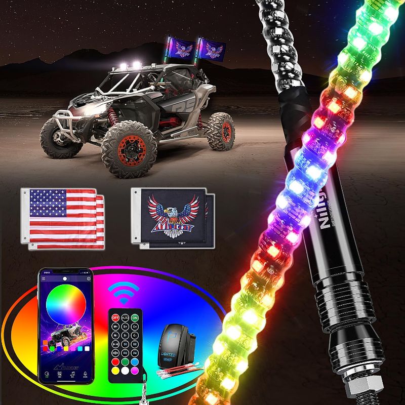 Photo 1 of Nilight 2PCS 4FT RGB LED Whip Light, Remote & App Control w/DIY Chasing Patterns Stop Turn Reverse Light Safety Antenna Lighted Whips for ATV UTV Polaris RZR Can-am Dune Buggy Jeep, 2 Year Warranty 4FT -2PCS