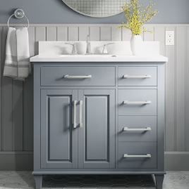 Photo 1 of allen + roth Brookview 36-in Slate Blue Undermount Single Sink Bathroom Vanity with Carrara Engineered Marble Top