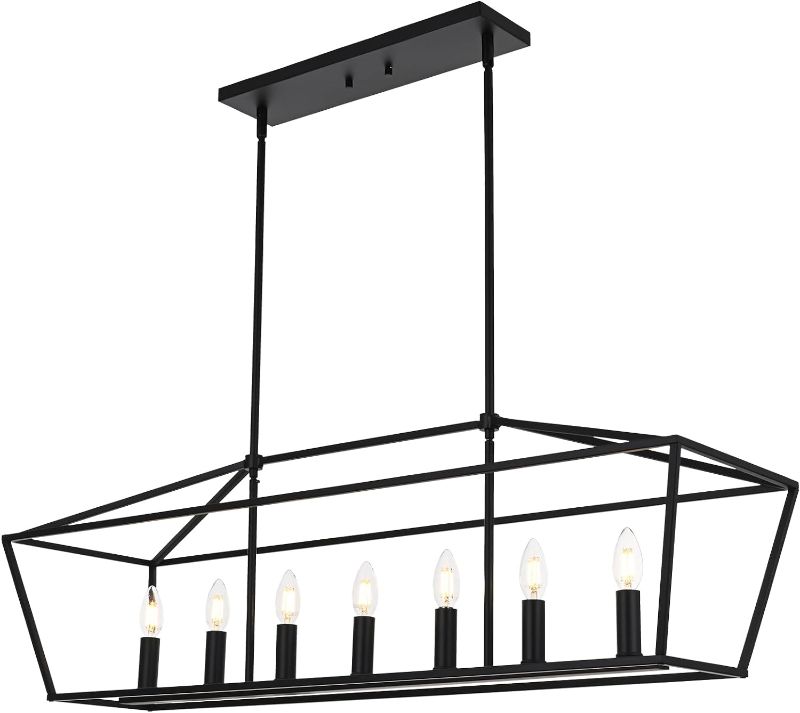 Photo 1 of ***stock photo***MELUCEE 7-Light Dining Room Light Fixtures Over Table, Farmhouse Chandelier Light Fixture Black Industrial Linear Pendant Lights Kitchen Island Candle Lantern Chandelier,
