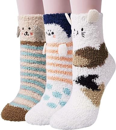 Photo 1 of **stock photo for reference***3 Pairs Womens Fuzzy Winter Warm Fluffy Soft Slipper Home Sleeping Cute Animal Socks