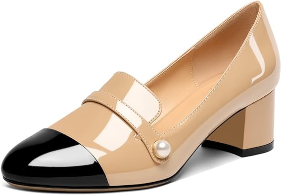 Photo 1 of AUMOTED Women's Block Heels Pumps Slip On Chunky Low Heels Round Cap Toe with Pearl Pumps for Wedding Party Office Classic Patent Leather Dress Shoes 2 Inches