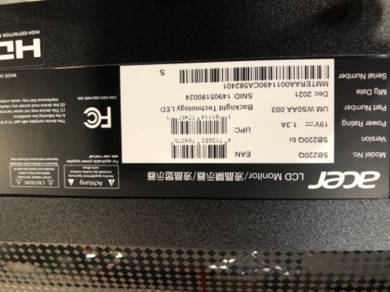 Photo 1 of Acer 21.5 Inch Full HD (1920 x 1080) IPS Ultra-Thin Zero Frame Computer Monitor (HDMI & VGA Port), SB220Q bi