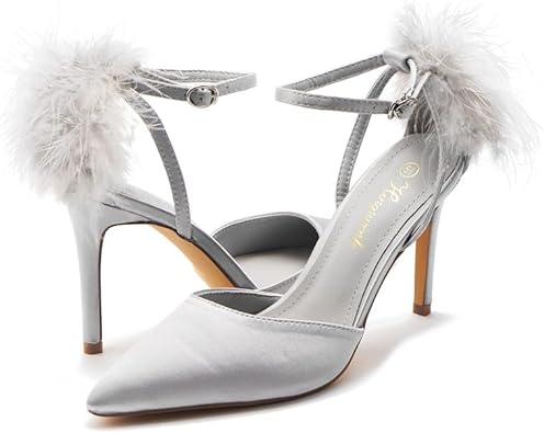 Photo 1 of Hingswink Women's Pointed Toe Fluffy Feather Fur Strappy Stiletto High Heels Sandals Fancy Closed Toe Size 8