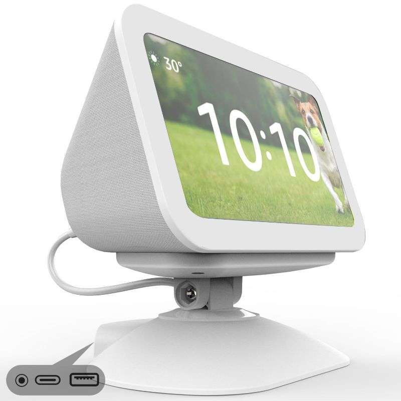 Photo 1 of Adjustable Stand for Echo Show 5 (3rd) with USB-C and USB Charging Port, Tilt + Swivel Charging Station with Strong Magnetic for Charge Your Cellphones and Earbuds (White)