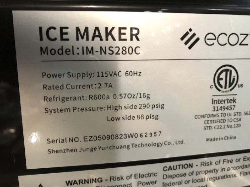 Photo 3 of ***USED - POWERS ON - UNABLE TO TEST FURTHER***
ecozy Nugget Ice Maker Countertop - Chewable Pellet Ice Cubes, 33 lbs Daily Output, Stainless Steel