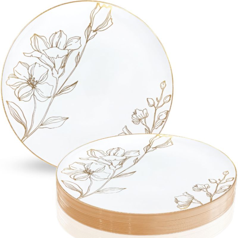 Photo 1 of **3 Pack** Blue Sky Antique Gold Floral Disposable Dinner Plates - 10 '' | 10 Count - Perfect Design for Special Occasions & Events (30 Plates Total)