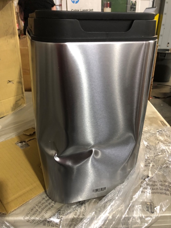 Photo 2 of ***DAMAGED**DENTED ON ONE SIDE**PICTURED***
simplehuman 25 Liter / 6.6 Gallon Slim Open Commercial Trash Can, Brushed Stainless Steel Brushed 25 Liter