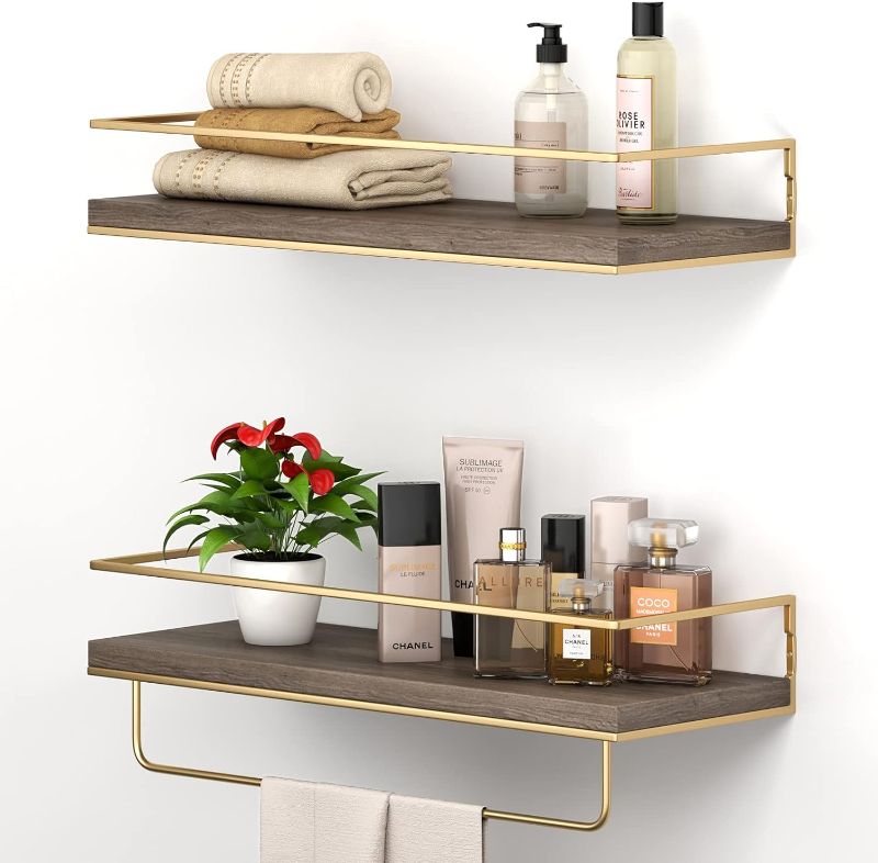 Photo 1 of Shario Floating Shelves - Set of 2, Wall Mounted Hanging Shelves with Golden Towel Rack, Decorative Storage Shelves for Bathroom