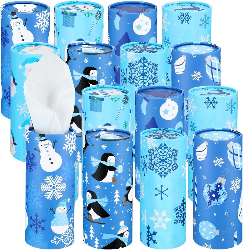 Photo 1 of 16 Pcs Car Tissues Boxes Round Car Tissue Holder Box of Tissues with Soft Facial Tissues Winter Snowflake Car Tissues Cylinder for Cup Holder Travel Party Bathroom Living Room, 8 Styles