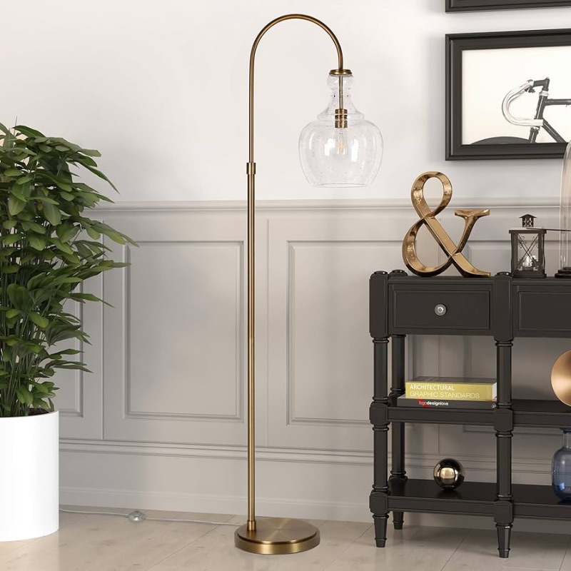 Photo 1 of Henn&Hart Arc Floor Lamp with Glass Shade in Brass/Seeded, Floor Lamp