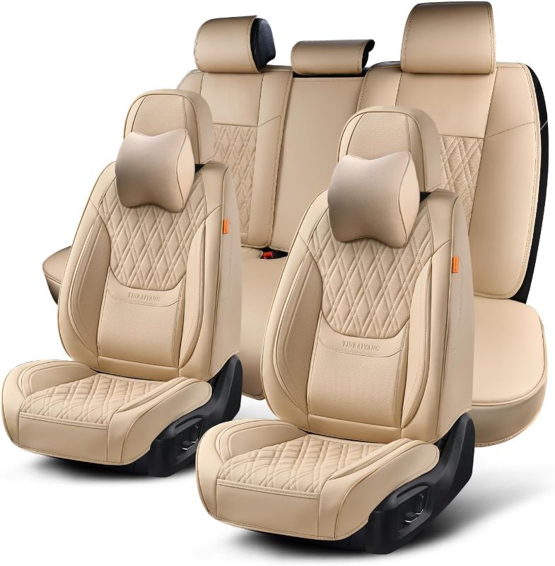 Photo 1 of (READ FULL POST) TINRAIYANG Car Seat Covers Full Set, Breathable Leather Automotive Front and Rear Seat Covers & Headrest, Universal Automotive Vehicle Seat Cover for Most Sedan SUV Pick-up Trucks, Beige Front Pair and Rear Beige