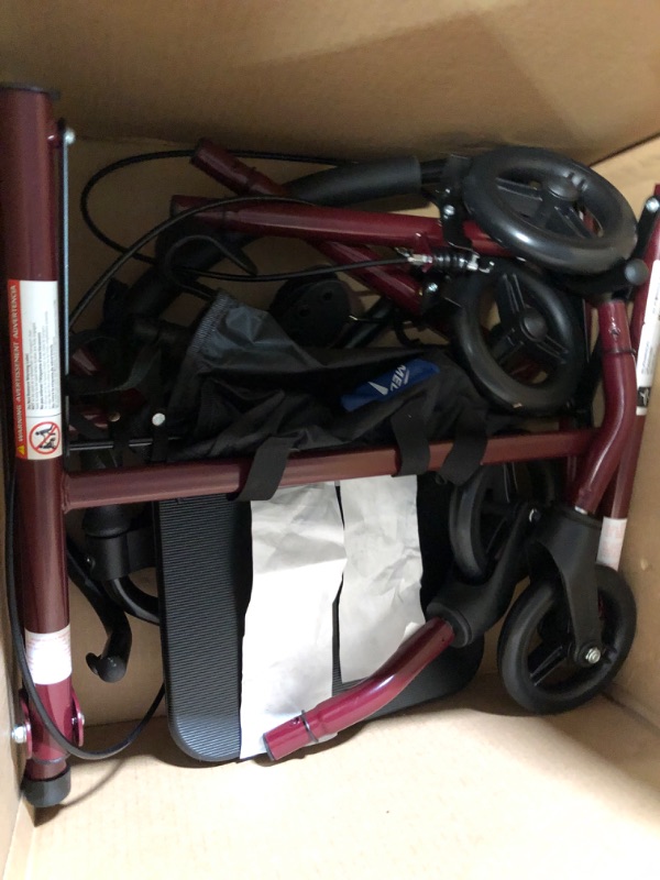 Photo 4 of ***PARTS ONLY/NON-RETURNABLE**MISSING PIECES***
Medline Rollator Walker with Seat, Steel with 6-inch Wheels Supports up to 350 lbs,  Burgundy