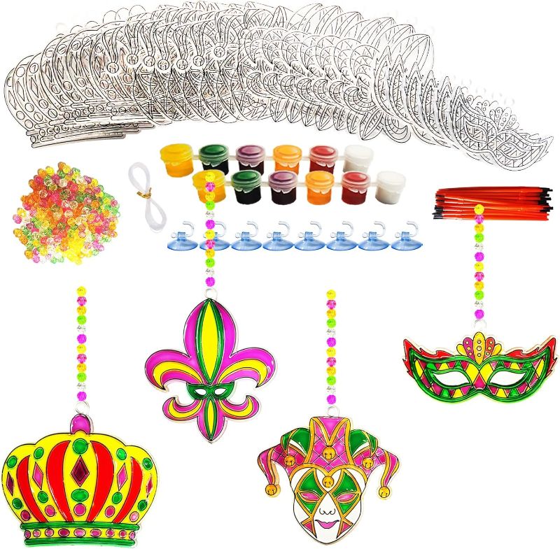 Photo 1 of 28 Sets Mardi Gras Craft Kits Mardi Gras Fleur De Lis Sun Catcher Hanging Ornaments DIY Window Paint Art Suncatchers Craft Kits New Orleans Mask for Mardi Gras Holiday Masquerade Party Decoration 3 pack