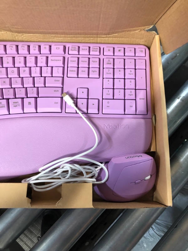 Photo 4 of MEETION Ergonomic Wireless Keyboard and Mouse, Ergo Keyboard with Vertical Mouse, Split Keyboard Cushioned, Large Purple