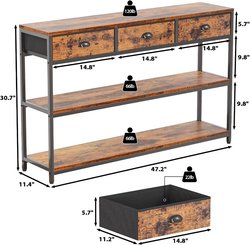 Photo 3 of (READ FULL POST) Long 47" Console Table with 3 Drawers, Entryway Table with 3-Tier Storage Shelves, Narrow Sofa Table, Industrial Display Shelf for Entry Way, Hallway, Couch, Living Room, Kitchen, Foyer, Rustic Brown