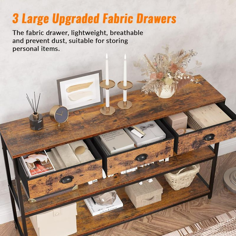 Photo 4 of (READ FULL POST) Long 47" Console Table with 3 Drawers, Entryway Table with 3-Tier Storage Shelves, Narrow Sofa Table, Industrial Display Shelf for Entry Way, Hallway, Couch, Living Room, Kitchen, Foyer, Rustic Brown