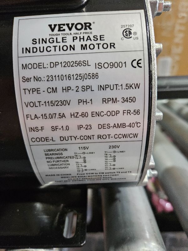 Photo 3 of VEVOR 5HP Air Compressor Electric Motor,230V 22 Amps, 56HZ Frame 3450RPM, 7/8" Keyed Shaft, CW/CCW Rotation, 2.25" Shaft Length for Air Compressors 5 HP-7/8" Shaft Single Phase