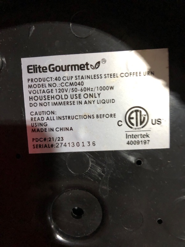 Photo 3 of ***NONREFUNDABLE - NOT FUNCTIONAL - FOR PARTS ONLY - SEE COMMENTS***
Elite Gourmet CCM040 Stainless Steel 40 Cup Coffee Urn