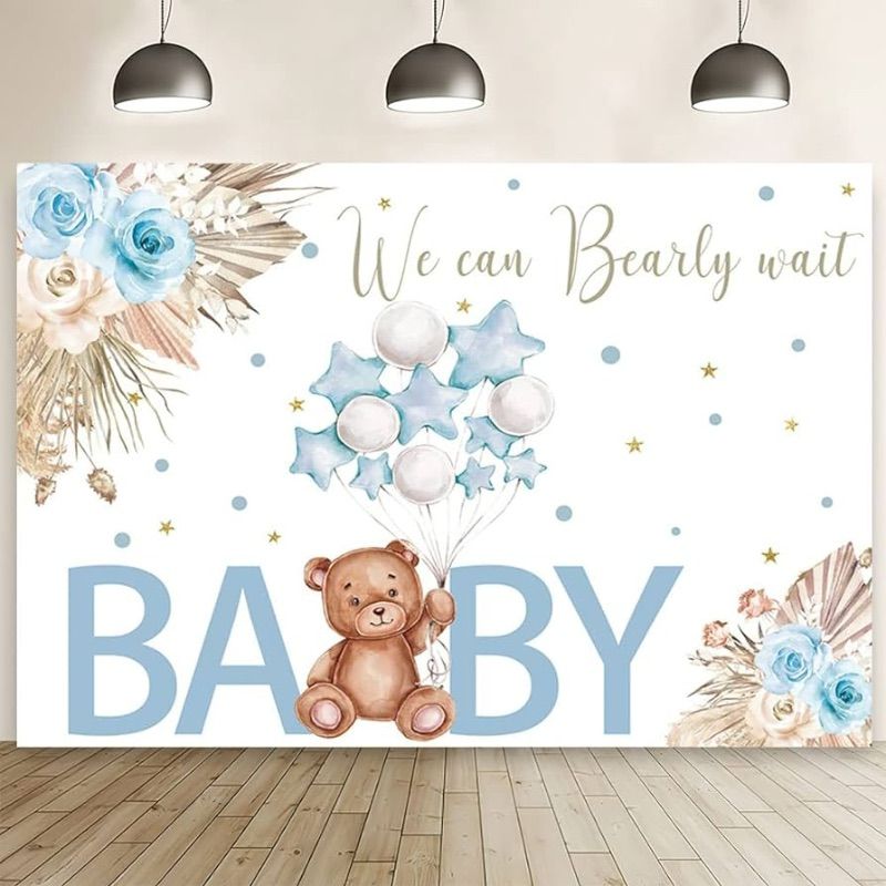 Photo 1 of 7x5ft Blue Boho Bear Baby Shower Backdrop