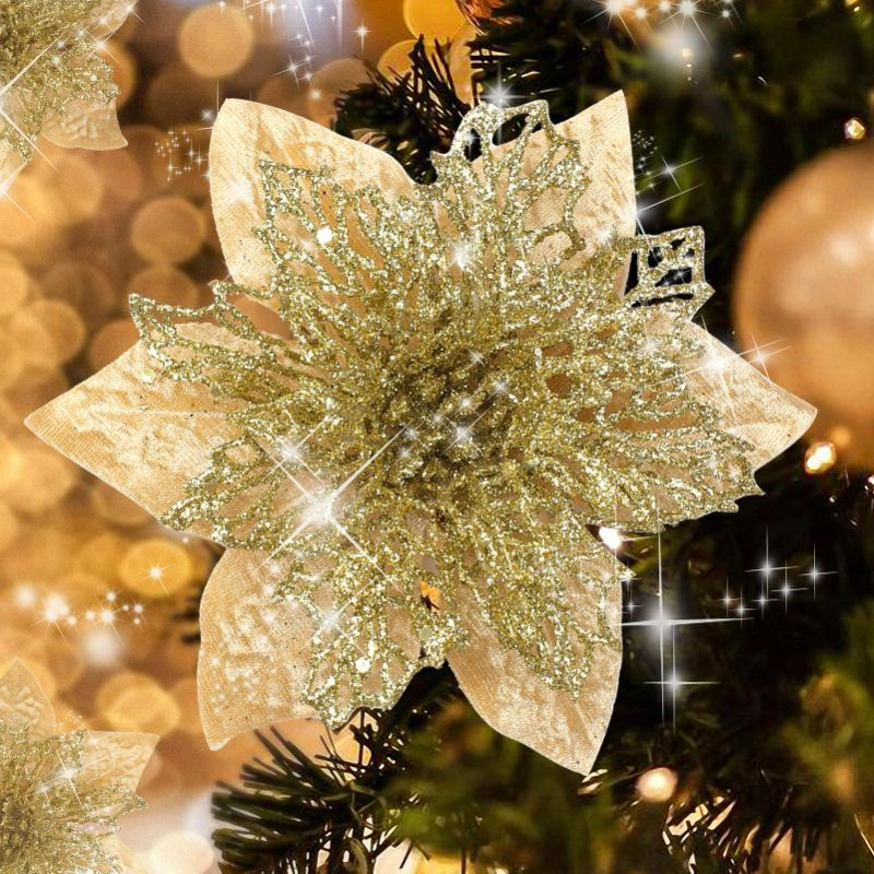 Photo 1 of FASHOOKIN 12pcs Christmas Glitter Poinsettia Flowers 5.9" Gold Chrsitmas Decorations