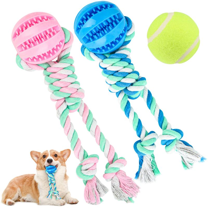 Photo 1 of 2 Pcs Ball On Rope Dog Toy, Dog Treat Toy Ball Pink+Blue