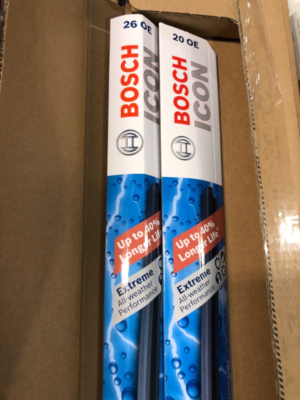 Photo 3 of (READ FULL POST) Bosch ICON Wiper Blades 26OE20OE (Set of 2) Fits Audi: 18-11 A8 Quattro, BMW: 19-11 X3, Ford: 19-10 Taurus, Toyota: 12-05 Avalon +More, Up to 40% Longer Life, Frustration Free Packaging 26OE and 20OE Frustration Free Combo