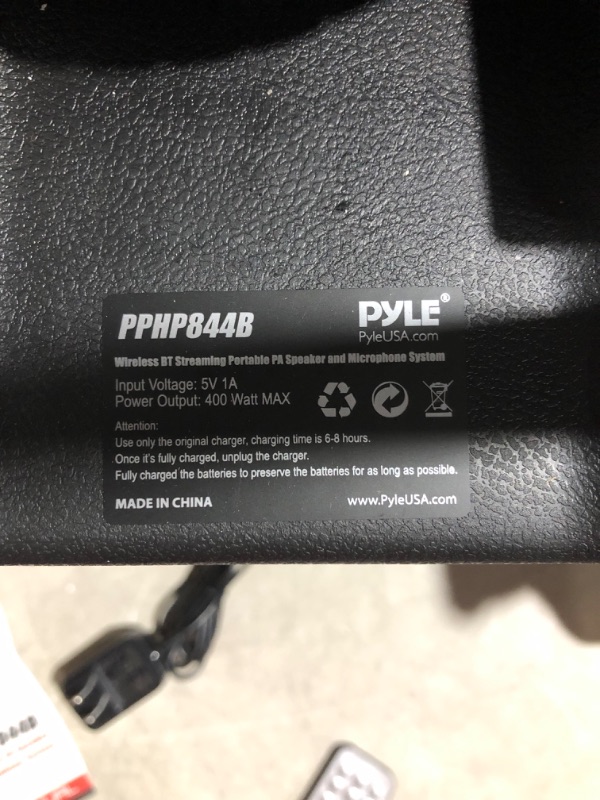 Photo 5 of ***USED - POWERS ON - UNABLE TO TEST FURTHER***
Pyle 400W Portable Bluetooth PA Loudspeaker - 8” Subwoofer System, 4 Ohm/55-20kHz PPHP844B