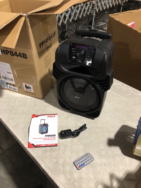 Photo 4 of ***USED - POWERS ON - UNABLE TO TEST FURTHER***
Pyle 400W Portable Bluetooth PA Loudspeaker - 8” Subwoofer System, 4 Ohm/55-20kHz PPHP844B