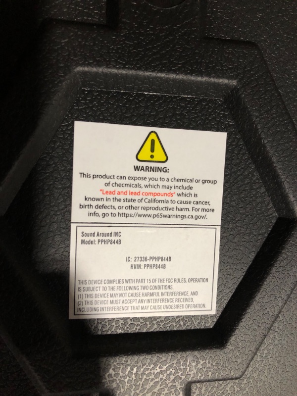 Photo 6 of ***USED - POWERS ON - UNABLE TO TEST FURTHER***
Pyle 400W Portable Bluetooth PA Loudspeaker - 8” Subwoofer System, 4 Ohm/55-20kHz PPHP844B