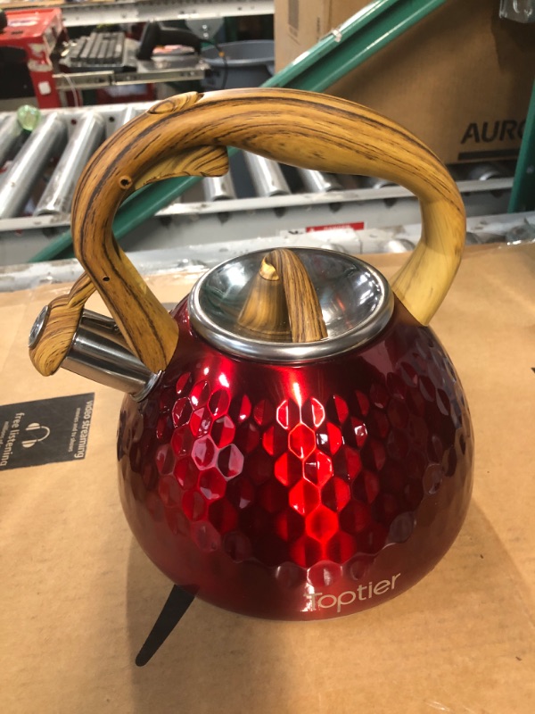 Photo 2 of Tea Kettle, Toptier Teapot Whistling Kettle with Wood Pattern Handle Loud Whistle, Food Grade Stainless Steel Tea Pot for Stovetops Induction Diamond Design Water Kettle, 2.7-Quart Red