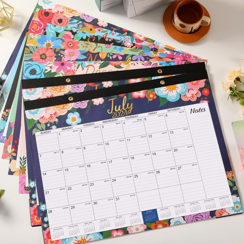 Photo 1 of **TWO PACK**Desk Calendar 2023-2024 - July 2023 - December 2024, Large Desk Calendar 2023-2024, 22" x 17", 18 Monthly Desk Calendar with Corner Protectors, Large Ruled Blocks & 2 Hanging Hooks - Blue Floral Large Size - 22'' x 17'' desk calendar