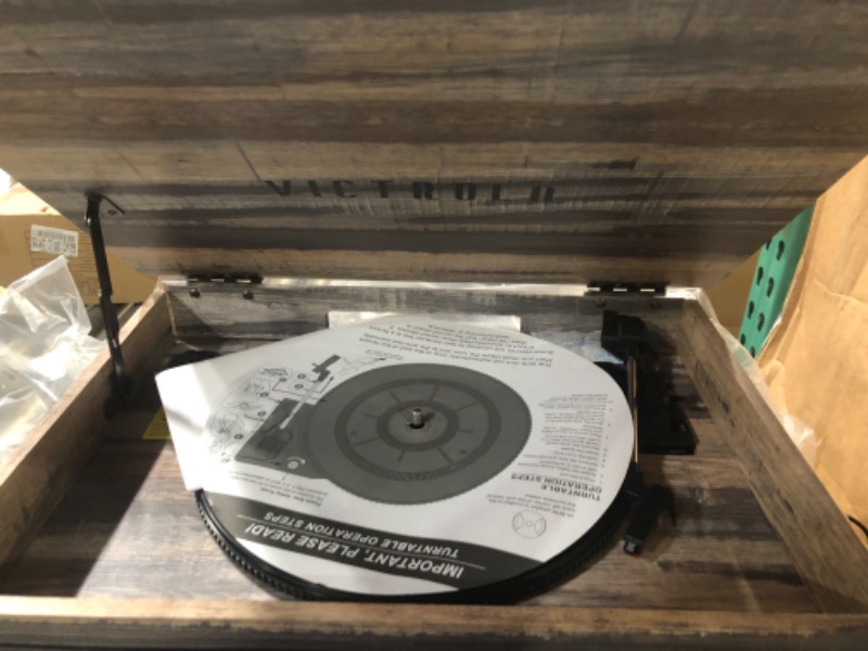 Photo 3 of Victrola Nostalgic 6-in-1 Bluetooth Record Player & Multimedia Center & Cassette Player, AM/FM Radio | Wireless Music Streaming | Farmhouse Shiplap Grey & Wooden Record Crate, Wood Color Farmhouse Shiplap Grey Entertainment Center + Record