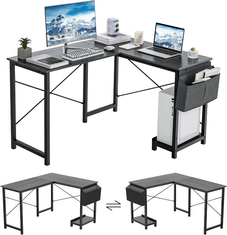 Photo 1 of Giantex L-Shaped Computer Desk, Reversible Home Office Desk with Side Storage Bag & Host Stand, Metal Corner Study Writing Desk, Modern Workstation Desk for Small Space, Dark Gray