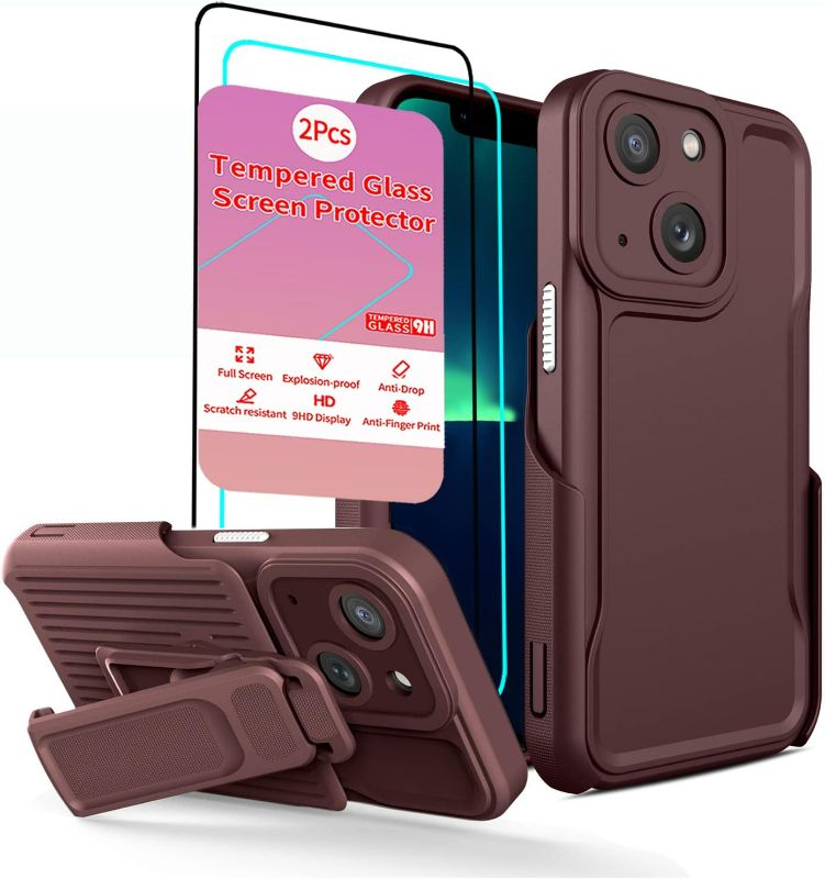 Photo 1 of for iPhone 14 Case with Screen Protector Shockproof Armor iPhone 14 Case with Holster Green Belt Clip Safe Wireless Charging iPhone 14 Case Military Grade iPhone 14case (Brown)