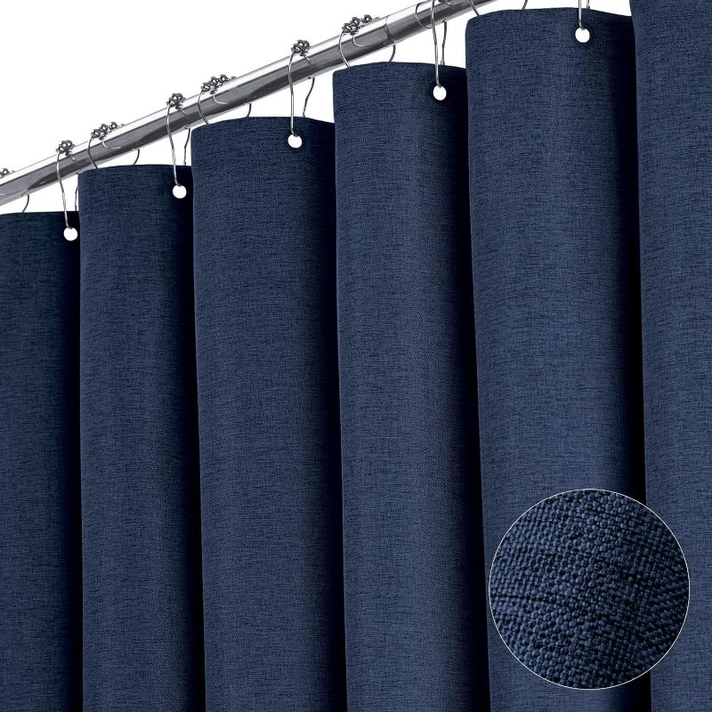 Photo 1 of  Navy Blue Shower Curtain - Linen Textured Heavy Duty Waterproof Cloth Shower Curtain