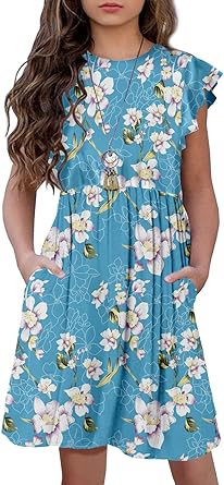 Photo 1 of HOSIKA Girls Floral Dress Boho Ruffle Sleeve Pleated Casual Swing Dresses with Pockets for Kids 6-12 Years Size L 