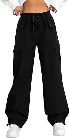 Photo 1 of Ermonn Baggy Parachute Pants for Women Drawstring Elastic High Waist Ruched Cargo Pants Multiple Pockets Jogger Y2K Pants small