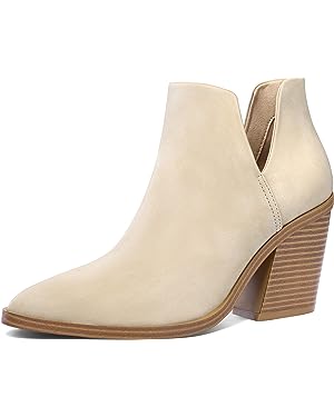 Photo 1 of mysoft Women's Ankle Boots Slip on Cutout Pointed Toe Chunky Stacked Mid Heel Booties