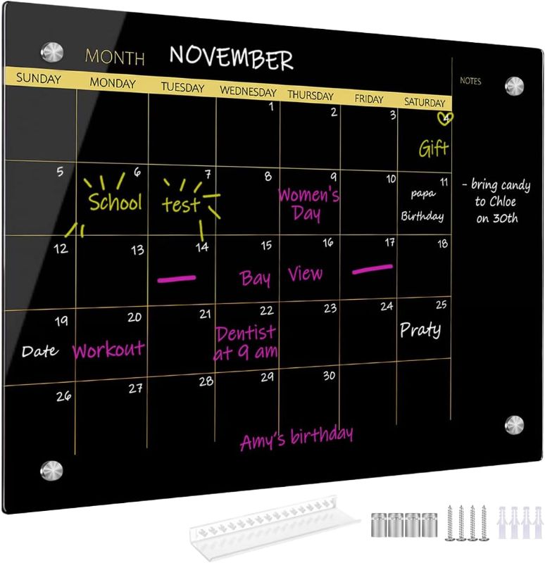 Photo 1 of 12" x 16" Glass Dry Erase Whiteboard,Monthly Calendar Whiteboard,Frameless Glass White Board for Home,School,Office,Black Surface(GlassA-BK-3040)
