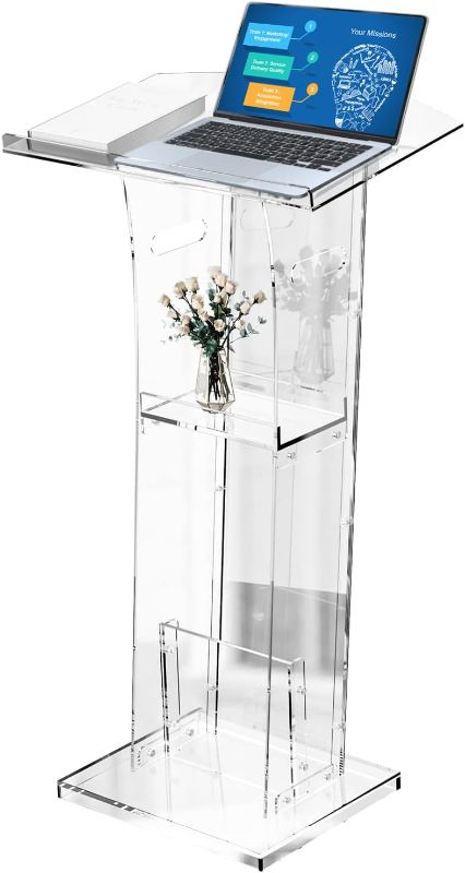 Photo 1 of Acrylic Clear Podium Stand with Storage Shelf,47" H Plexiglass Pulpits (23.6" L X 17.7" W X 47" H)
