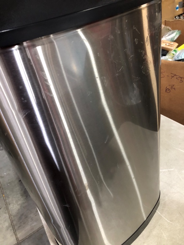 Photo 7 of ***MAJOR DAMAGE - SEE COMMENTS***
Ninestars DZT-50-13 Automatic Touchless Motion Sensor Oval Trash Can with Black Top, 13 gallon/50 L, Stainless Steel