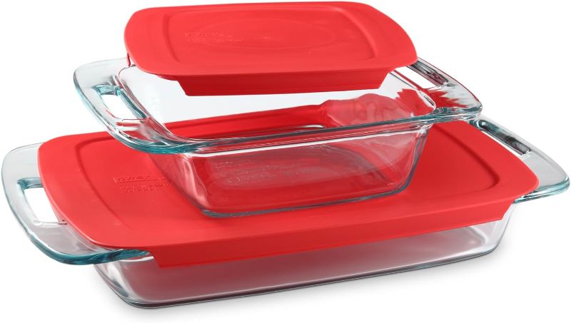 Photo 1 of Pyrex 4-Piece Extra Large Glass Baking Dish Set With Lids and Handles, Oven and Freezer Safe
