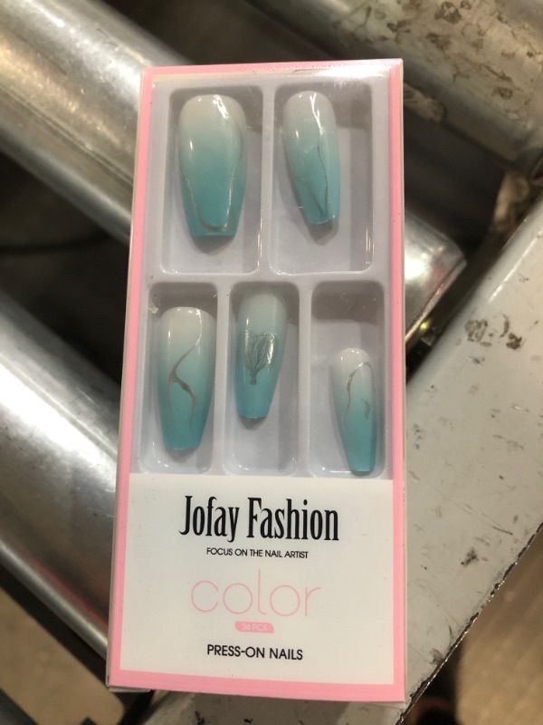 Photo 1 of Press on Nails Medium Coffin Blue, Silver Pattern Soft Gel Fake Nails for Women Fit & Natural, 24pcs 2 Pack