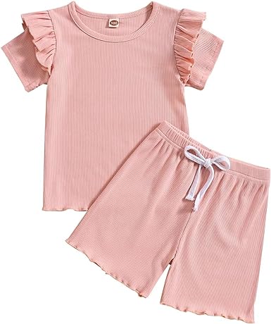 Photo 1 of 2-Piece Ruffle Sleeve Toddler Baby Girl Summer Outfits Clothes Shirt and Shorts Set Baby Girl Spring Outfit 18 Months