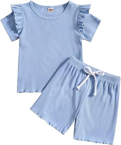 Photo 1 of 2-Piece Ruffle Sleeve Toddler Baby Girl Summer Outfits Clothes Shirt and Shorts Set Baby Girl Spring Outfit 12 Months