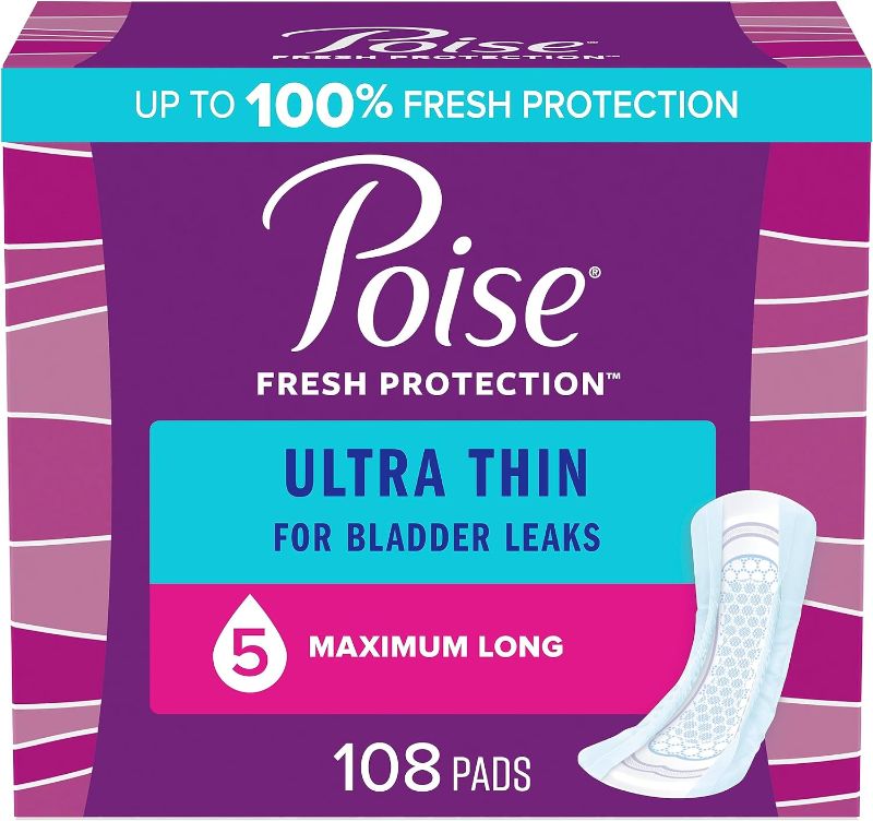 Photo 1 of Poise Ultra Thin Incontinence Pads & Postpartum Incontinence Pads, 5 Drop Maximum Absorbency, Long Length, 108 Count (3 Packs of 36), Packaging May Vary
